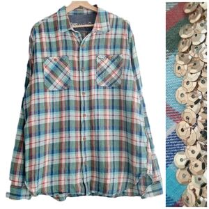 🍒 GAP Linen Cotton Sequin Detail Plaid Button Down Shirt Blue Sz L